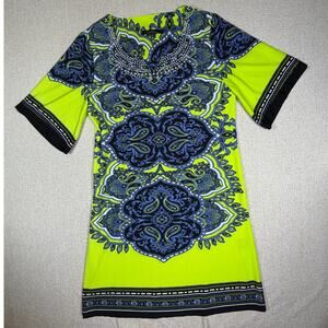 Calessa Women Large Lime Blue Paisley Beaded Neck Resort Cruisewear Dress